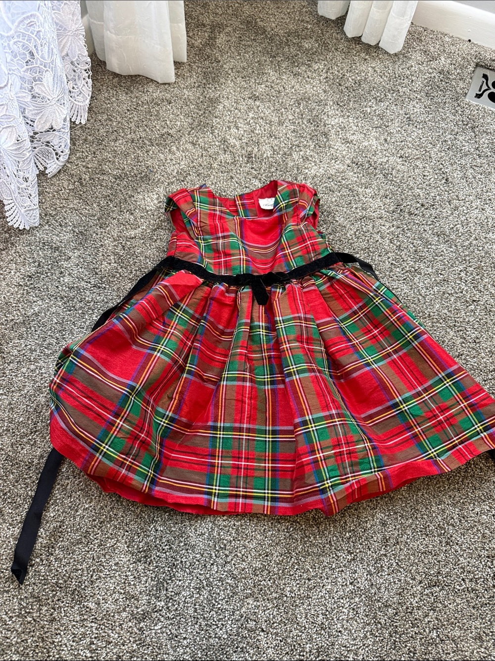 Rare Editions Red Green Plaid Holiday Dress with Black Sash